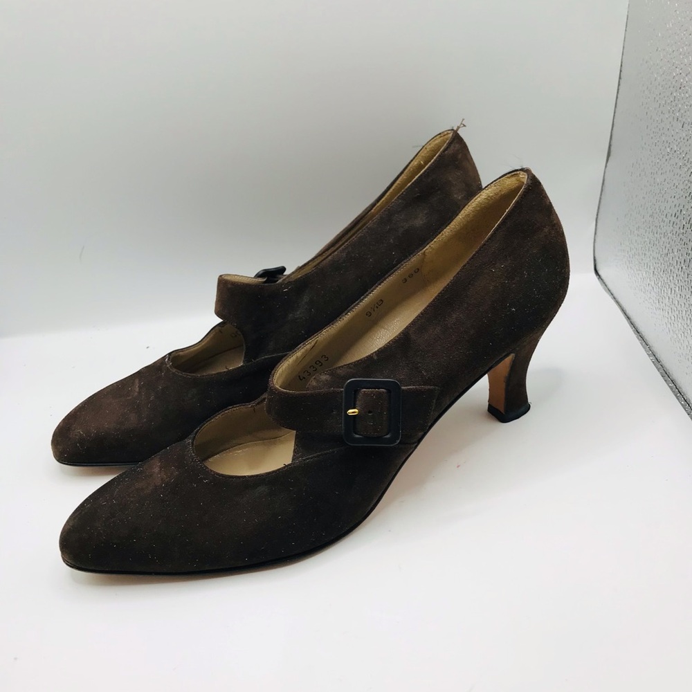 Salvatore ferragamo Women's Brown Suede Mary Jane Heels with Buckle